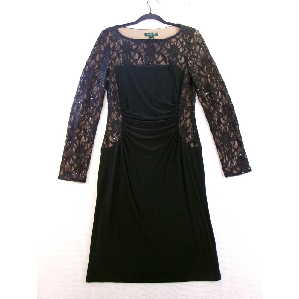 Ralph Lauren Black Lace Sequin‎ Ruched Sheath Dress Long Sleeve Size 10